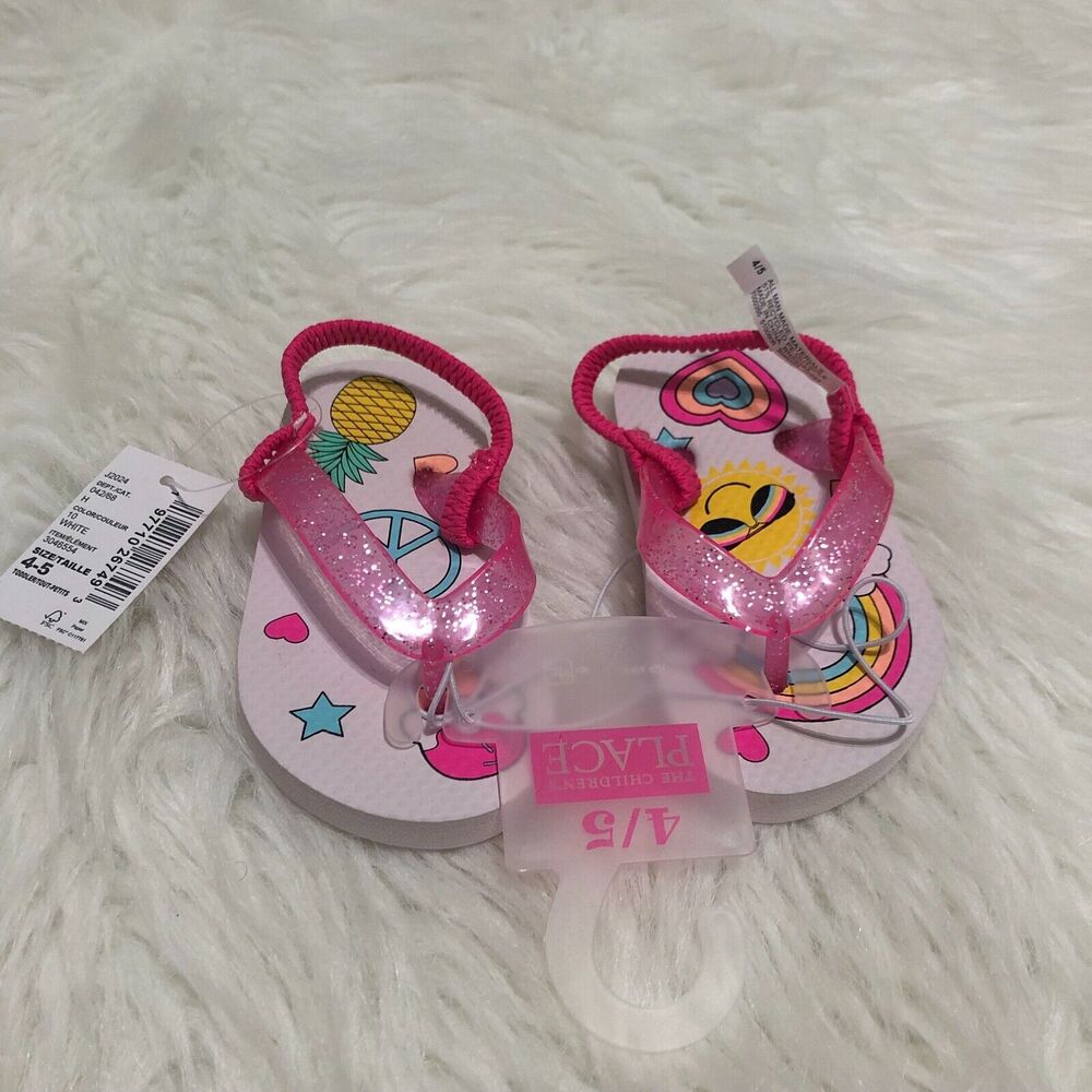 The Childrens Place Toddler Girls Pink Glitter Graphic Flip Flops Size 4-5 NWT
